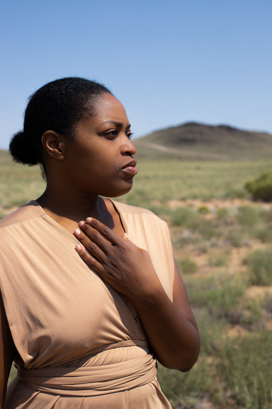 Ayanna Denise CEO, Ayanna Zahra, looks across the Petroglyphs of New Mexico